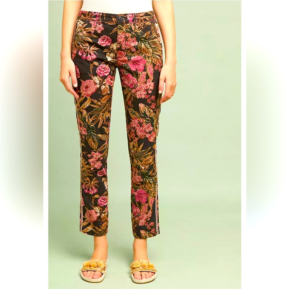 Anthropologie Relaxed Floral Print Chino Pants with Side Trim Size 28